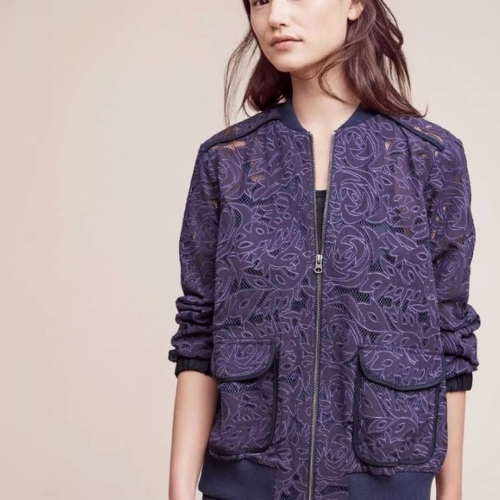 Anthropologie Elevenses Medium Blue Lace Blazer